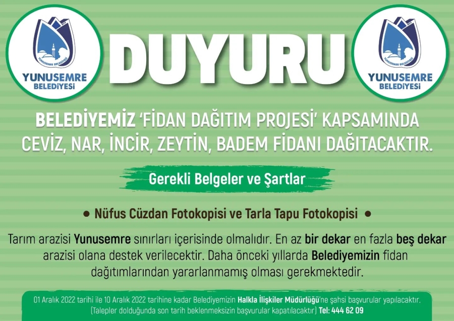 YUNUSEMRE’DEN ÇİFTÇİLERE ÖNEMLİ DUYURU